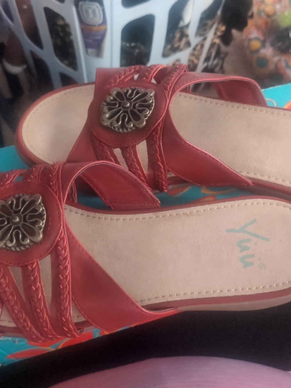 Yuu Red Braided Slide Sandals with Floral Medallion Accent